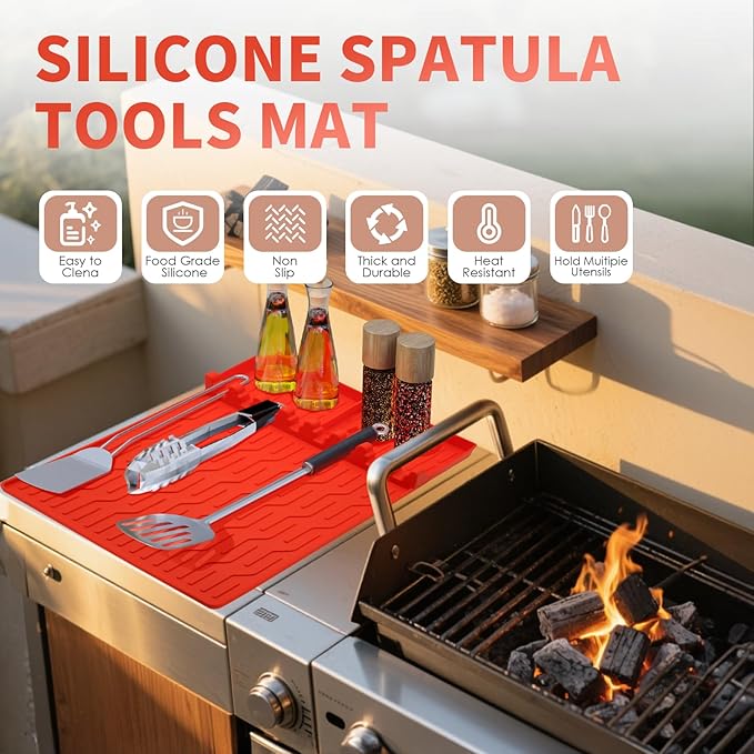 Silicone Grill Mat Compatible with Blackstone, Silicone Griddle Tools Mat with Drip Pad, Spatula Pad Griddle Accessories for Outdoor BBQ or Kitchen Countertop (Orange)