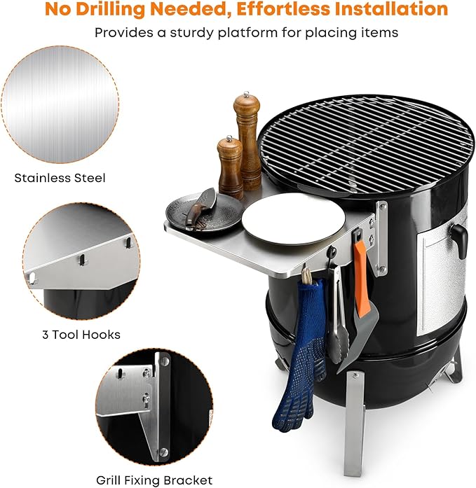 Stanbroil Stainless Steel Folding Side Table, Fits Weber 18" Charcoal Smoker, Accessories to Add Work Space