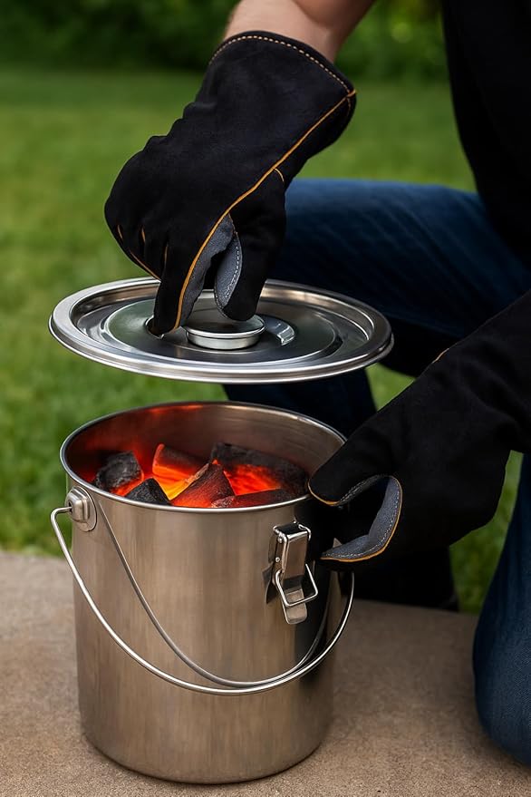 The Bincho Grill Charcoal Saver – Extinguishing Bucket (Keshizumi) for Hot Charcoal and Ash Collection, Heavy Duty Stainless Steel with Lockable Lid, 3 Gallon Capacity
