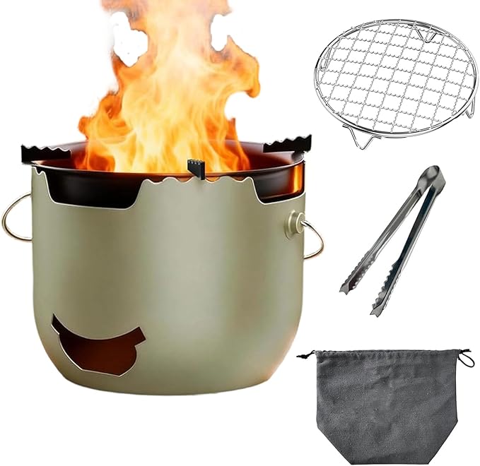 Backpacking and Camping Stove, Portable Stainless Steel Wood Burning Stove, Tabletop Fire Pit with Travel Bag, Resistant to Heat, Bending, Dropping for Outdoor, Hiking, Picnic - Sage Green