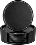 Leather Coasters Set of 6, Handmade Round Coaster for Drinks, Waterproof Non-Slip Heat Resistant Cup Mats for Coffee Table, Bar, Kitchen & Office, Protect Furniture from Watermark (Black)