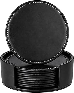 Leather Coasters Set of 6, Handmade Round Coaster for Drinks, Waterproof Non-Slip Heat Resistant Cup Mats for Coffee Table, Bar, Kitchen & Office, Protect Furniture from Watermark (Black)