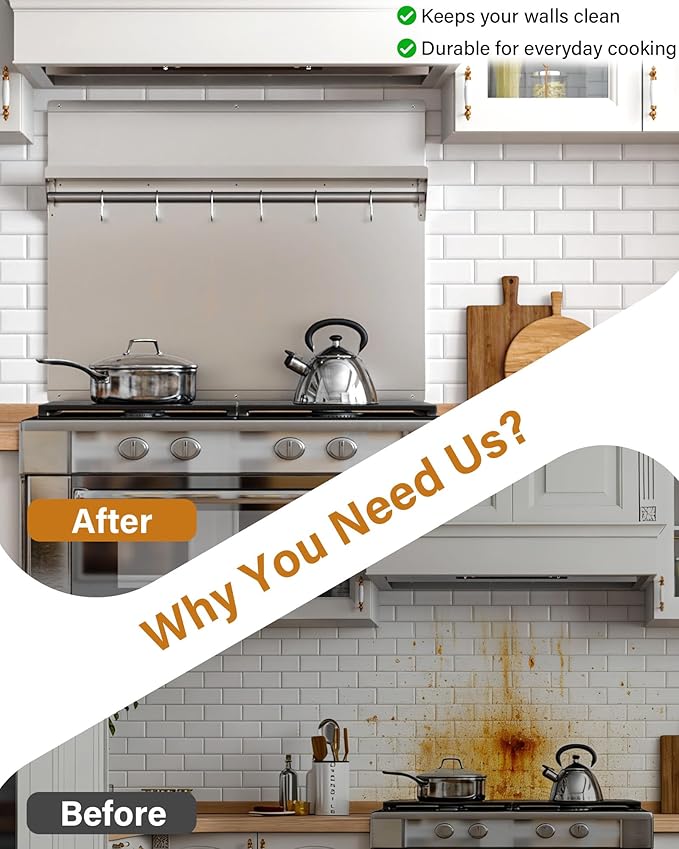 24 x 30 In Stainless Steel Backsplash - Kitchen Wall Splash Guard Behind Stove with Storage Shelf and Hanging Rack, Easy Clean and Installation