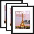 upsimples 11x14 Picture Frame Set of 3, Made of High Definition Glass for 8x10 with Mat or 11x14 Without Mat, Wall and Tabletop Display Photo Frames, Black