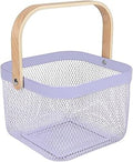 AJIODA Metal Mesh Steel Basket, Storage Organizer Basket Multi-functional Hanging Kitchen Baskets Fruit Basket Bin with Bamboo Handle for Kitchen Bathroom Picnic Shopping Decor Cabinet Home, Purple