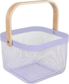 AJIODA Metal Mesh Steel Basket, Storage Organizer Basket Multi-functional Hanging Kitchen Baskets Fruit Basket Bin with Bamboo Handle for Kitchen Bathroom Picnic Shopping Decor Cabinet Home, Purple