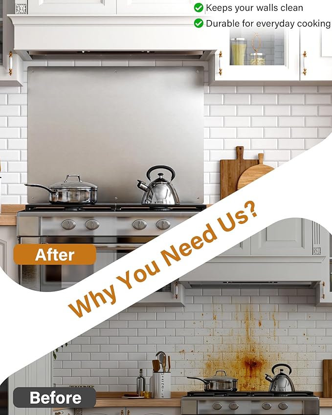 24 x 30 In Stainless Steel Backsplash - Kitchen Wall Splash Guard Behind Stove, Easy Clean and Installation
