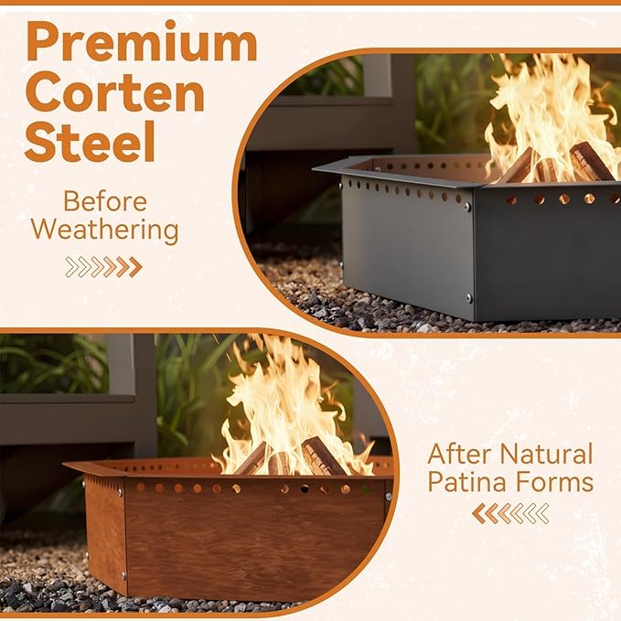 Heavy Duty Smokeless Fire Ring – 46 inch Outer/42 inch Inner Large Detachable & Portable Corten Steel Fire Pit Ring for Outdoor Camping & Bonfires – DECOROCA