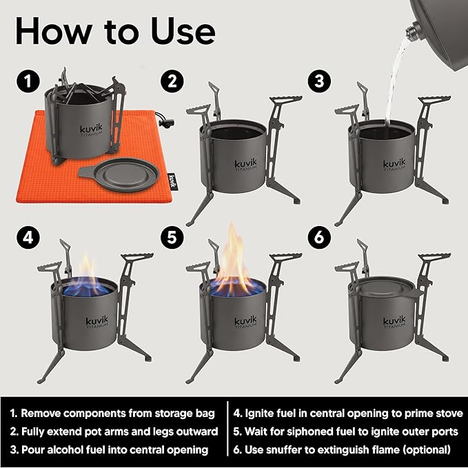 Kuvik Titanium Siphon Alcohol Stove with Folding Legs - Ultralight and Compact Stove for Backpacking, Camping, and Survival