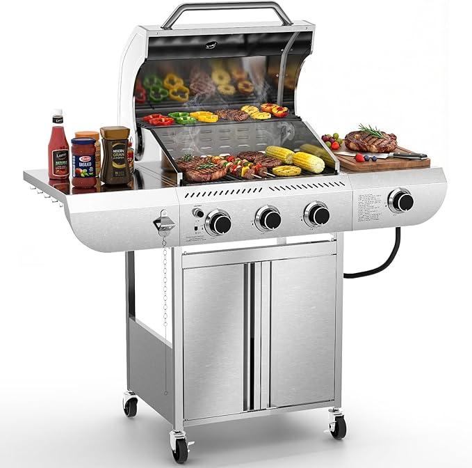 Premium 3-Burner Propane Gas Grill with Side Burner | 34,000 BTU Stainless Steel Outdoor BBQ Grill with Thermometer & Casters for Patio, Camping, Backyard Parties