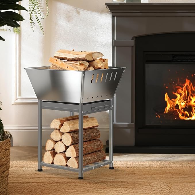 Stainless Steel Square Wood Fire Pit with Grill, 2-in-1 Outdoor Firepit with Ash Pan and Wood Storage, Portable for Backyard, Patio, Camping Use