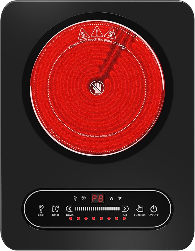 Electric Cooktop, 1800W Portable Electric Stove with LED Touch Control, Single Burner Infrared Hot Plate with Child Safety Lock, 99 Timer and Overheat Protection for Dorm Home RV Camping
