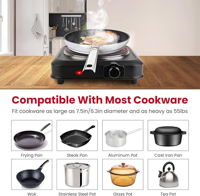 1200W Hot Plate, Electric Infrared Single Burner, Portable Stove Countertop Hotplate with 7.5” Glass Cooktop Stepless Temperature Adjustments for Home RV Camp, Compatible for All Cookwares