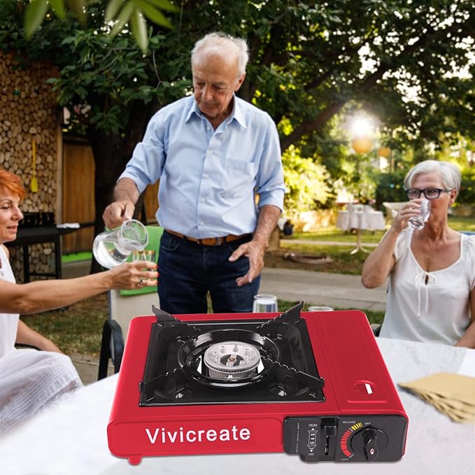 Vivicreate Portable Butane Stove 8500 BTU, Butane Stove with Auto Ignition for Camping, Lightweight Portable Gas Stove Burner with Safety Lock, Butane Burner, Estufa de Gas Portatil(Red)