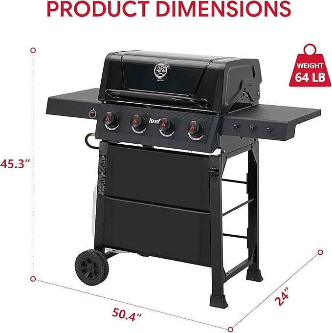 Feasto 4-Burner Propane Gas Grill, 36,000 BTU Outdoor Patio BBQ with Dual Side Tables, Porcelain-Enameled Cookbox & Porcelain-Enameled Cast-Iron Grates for Deck Parties & Patio BBQ, 559 Sq. In., Black