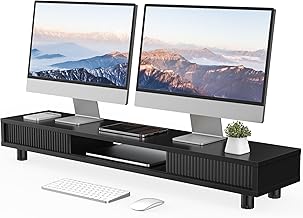 Fenge Dual Monitor Stand, 42.5inch Long Monitor Stands Riser for 2 Monitors, Glass Sliding Door with Storage Organizer Stand for Desk, 2 Tier Desk Shelf for Laptop, Pc, Printer, Computer, TV