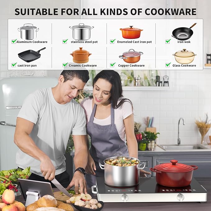 GIHETKUT Electric Cooktop,110V 2400W Stove top, Countertop Cooktop with 9 Power Levels, LED Display,Child Safety Lock, Timer,Knob and Touch Control 2 burner Electric cooktop