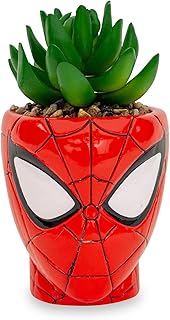 Marvel Comics Spider-Man Web-Head 3-Inch Ceramic Mini Planter with Artificial Succulent | Small Flower Pot, Faux Indoor Plants