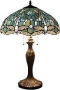 WERFACTORY Tiffany Lamp Sea Blue Stained Glass Bedside Table Lamp Dragonfly Style Desk Reading Light Metal Base 16X16X24 Inches Decor Bedroom Living Room Home Office S147 Series