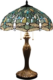 WERFACTORY Tiffany Lamp Sea Blue Stained Glass Bedside Table Lamp Dragonfly Style Desk Reading Light Metal Base 16X16X24 Inches Decor Bedroom Living Room Home Office S147 Series