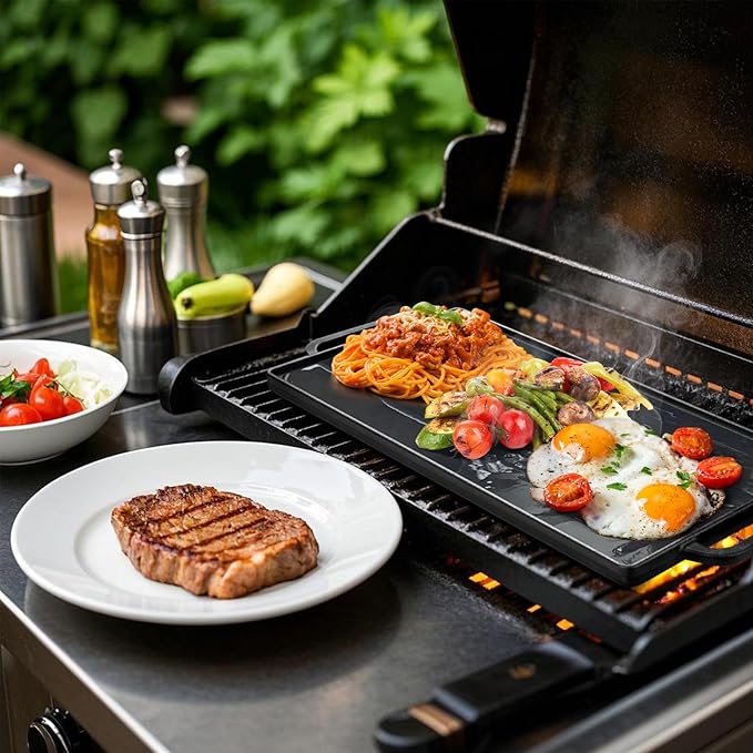GasSaf 20x9 Heavy Cast Iron Griddle for Gas Grills, Griddle Pan for Stove Top, Reversible Double-Sided 2-in-1 Cast Iron Pan Plate for 2 Burners Stovetop, BBQ Grills & Outdoor Camping