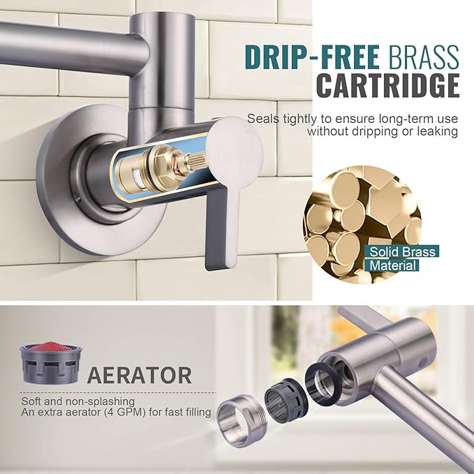 Pot Filler Faucet Brushed Nickel, ARCORA Modern Pot Filler Wall Mount 2 Handle with Double Joint Swing Arms Brass Stove Faucet