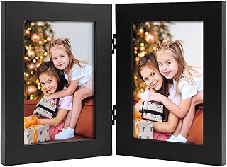 Frametory, 4x6 Double Hinged Picture Frame with Glass Front, Engineered Wood Two Photo Frame Collage for Vertical Display, Side by Side Standing Frame (Black, 1 Pack)