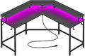 Huuger L Shaped Gaming Desk with Power Outlets & LED Lights, Computer Desk with Monitor Shelves, Carbon Fiber Surface, Home Office Desk, Corner Gaming Desk with Hooks, Carbon Fiber Black
