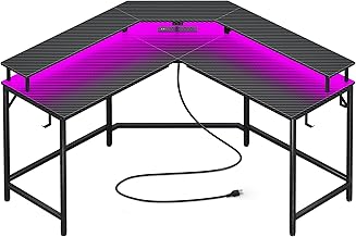 Huuger L Shaped Gaming Desk with Power Outlets & LED Lights, Computer Desk with Monitor Shelves, Carbon Fiber Surface, Home Office Desk, Corner Gaming Desk with Hooks, Carbon Fiber Black