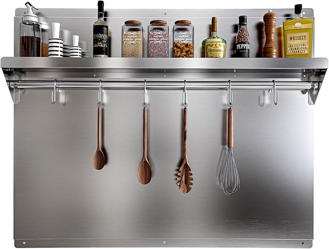 24 x 30 In Stainless Steel Backsplash - Kitchen Wall Splash Guard Behind Stove with Storage Shelf and Hanging Rack, Easy Clean and Installation