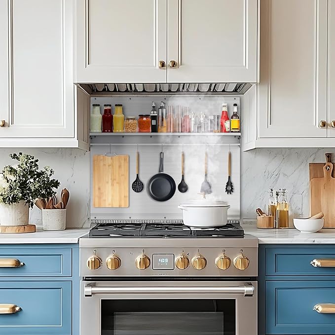30"x24" Stainless Steel Backsplash for Stove & Hood, Stove Backsplash with Storage Shelf & Hanging Rack, Easy-Clean Kitchen Wall Splash Guard & Protector