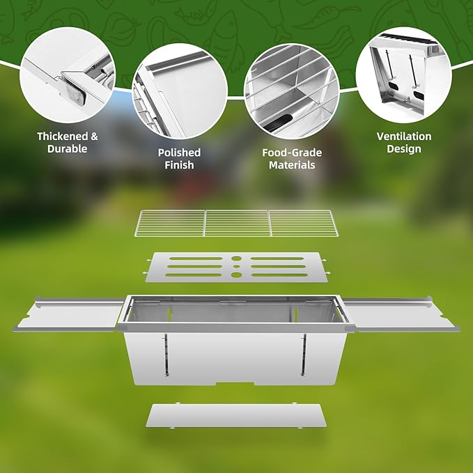 Portable Charcoal Grill, Uten Stainless Steel Foldable Barbecue with Carry Bag & Side Tables, Lightweight for Camping, Tailgating, Beach, Picnic (19.1" x 8.7")