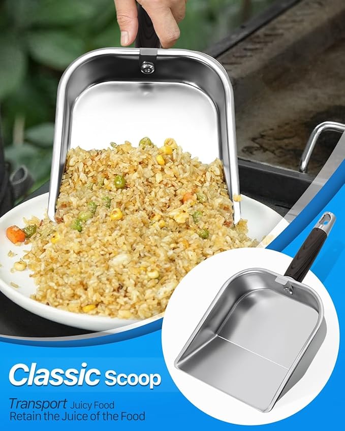 Griddle Scoop for Blackstone with a Any-Edge Hook, Stainless Steel Griddle Portable Food Mover for Stir Fry and Move Food, Classic & Sifting Grill Shovel, 4 Pack