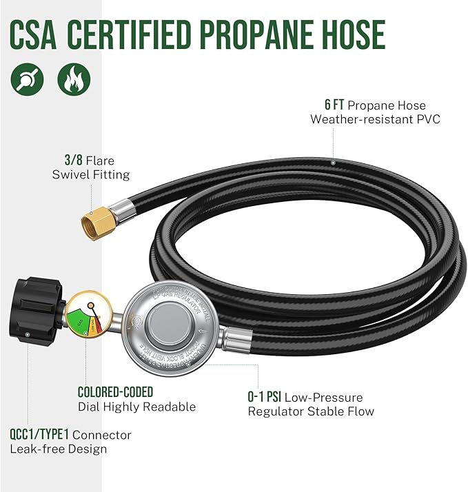 6ft Propane Regulator with Hose&Gauge, 0-1Psi Propane Hose, Gas Grill Regulator for Weber Genesis/Spirit Grill/Blackstone 28”&36” Griddle/Camp Chef Burner Stove/Fire Pit/Heater, 3/8”Gas Line