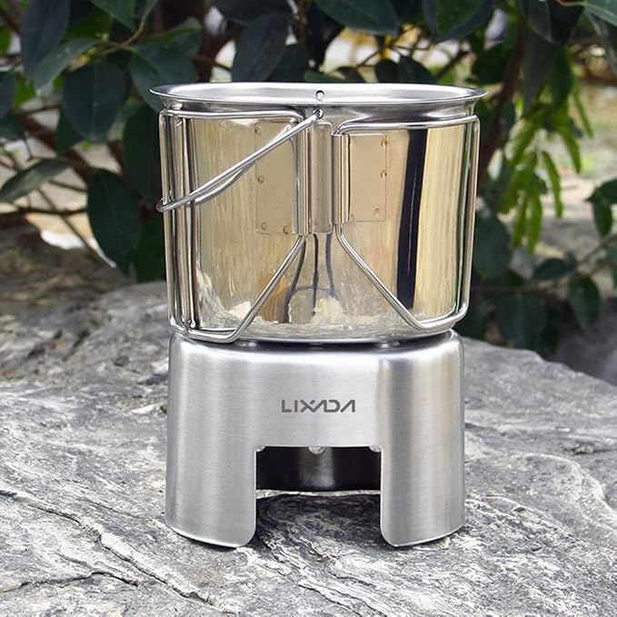 Lixada Camping Cookware Stainless Steel Canteen Cup Hanging Pot with Wood Stove Set for Outdoor Survival Backpacking Hiking Picnic
