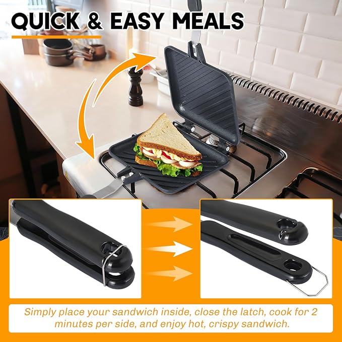 NATGAI Sandwich Maker Pan, Grilled Panini Press with Non-Stick Double Sided Flip Frying Pan, Stovetop Toasted Cheese Sandwich Maker for Home Kitchen Breakfast Camping, 5.9" L x 14" H