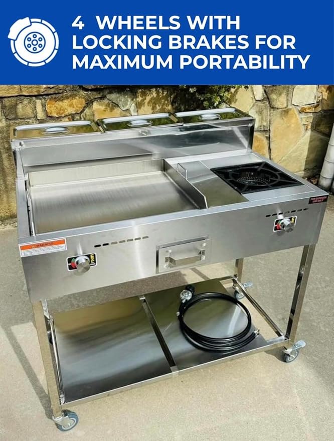 Burner Stove and Flat Top Griddle Cart | 20” Stainless Steel Griddle | 30,000 BTU Cast Iron Burner Stove | Outdoor Propane | Portable 4 Wheel | 3 Condiment Container Pans | Commercial & Home Use