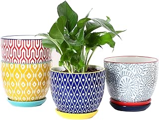 Selamica Ceramic Plant Pots, 5.6 Inch Flower Pots for Indoor Plants, Planters with Drainage Hole and Saucer, Garden Pots for Succulent, Orchid, Home Decor, Set of 4, Assorted Colors