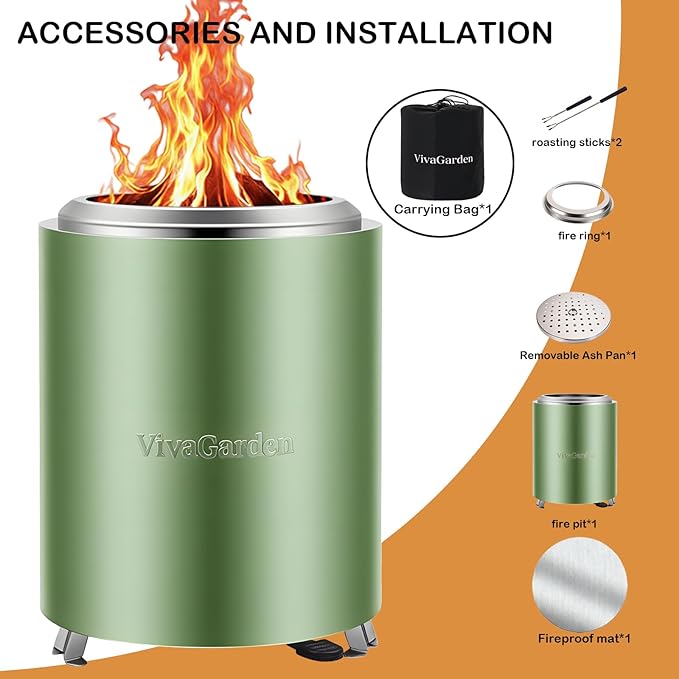 Portable Tabletop Fire Pit, VivaGarden Smokeless Table Top Fire Pit, Wood Burning & Pellets Outdoor Camping Stove with Carry Bag, Forks and Mat (9.7x7.1 Inch, Green)