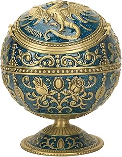 K COOL Pterosaur Windproof Ashtray with Flip Lid for Cigarette Metal Portable Smoking Tobacco Ashtray Indoor Outdoor, Handicrafts Rose Pattern Classy Gift for Women Men(Transparent Blue-Bronze)