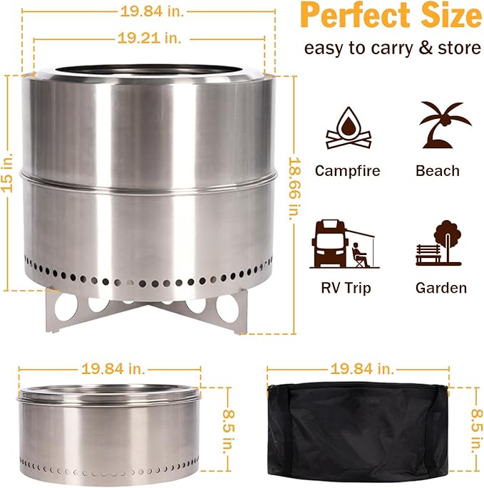 BRIOPAWS Large Smokeless-fire-pit Outdoor | 19 IN | 304 Stainless-Steel-Firepit | Portable Solo Fire Pits for Outside, Camping | Low Smoke Stove | Wood Burning Chimenea, Inclu. Bag, BBQ Forks, Handles