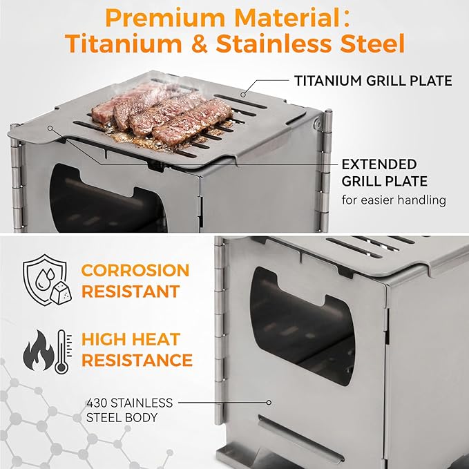 COOK'N'ESCAPE Portable Wood Burning Stove, Foldable Stainless Steel Camp Burner with Titanium Grill Plate and Ash Tray, Secondary Combustion Survival Gear for Hiking Outdoor Tent Camping Picnic BBQ