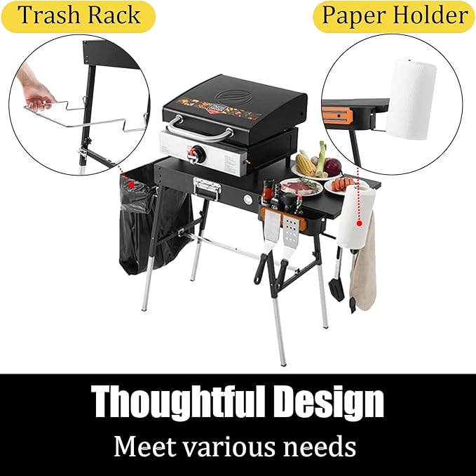 Portable Griddle Stand Compatible with Blackstone 17" or 22" Griddles - Folding Grill Table with Magnetic Tool Rack, Paper Towel Holder, Bottle Opener & Hooks for Outdoor Camping