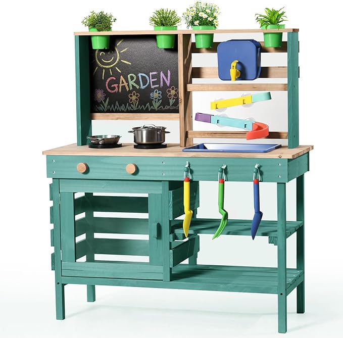 Wooden Outdoor Mud Kitchen for Kids, Pretend Play Kitchen Playset with Removable Sink, Faucet, Stove Top, Planting Area & Cooking Accessories, Toddler Gift for Boys Girls Ages 3+ (Green)