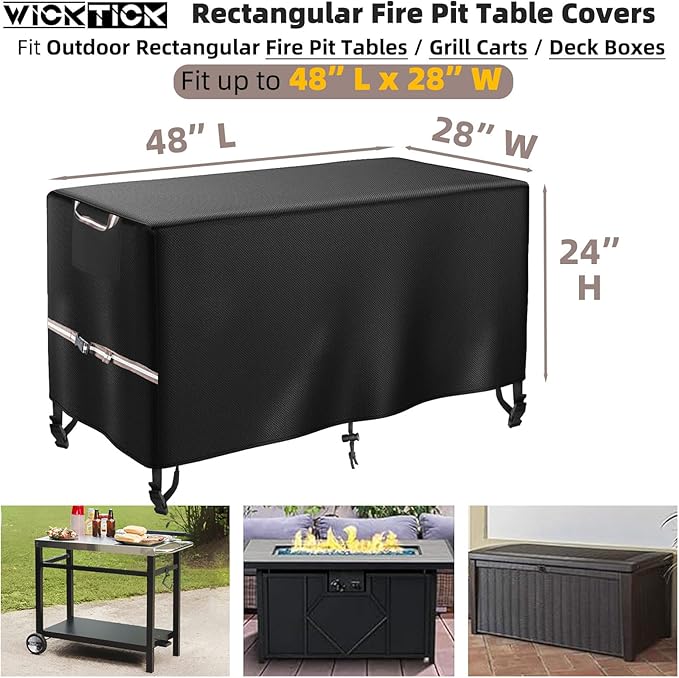 WICKTICK Rectangular Gas Fire Pit Table Cover 48 x 28 inch, Waterproof 600D Heavy Duty Fire Table Cover for 45 - 48 inch Patio Propane Firepit Tables