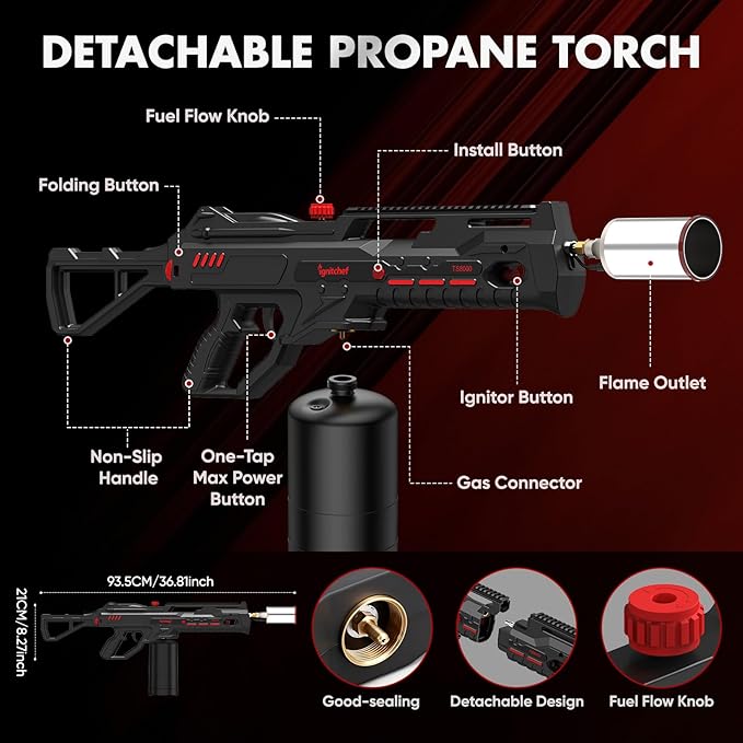 Propane Torch Gun with One-Touch Max Fire, Kitchen Blow Torch for Sous Vide Searing Steak, Grill, Charcoal Starter, Campfire(Propane Tank Not Included) Black and Red