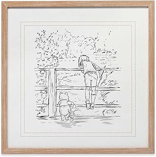 Open Road Brands Disney Winnie the Pooh and Christopher Robin Sketched Scene Framed Wood Wall Art - Large Vintage Winnie the Pooh Wall Decor