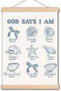 DNEULYR Retro Blue Bow Seashell Christian Wall Art Poster, Bible Verse Wall Decor, God Says I am Coastal Beach Religious Scripture Poster Hanger Frame for Girls Room Dorm Home Office, 12x16 Inches