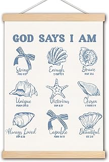 DNEULYR Retro Blue Bow Seashell Christian Wall Art Poster, Bible Verse Wall Decor, God Says I am Coastal Beach Religious Scripture Poster Hanger Frame for Girls Room Dorm Home Office, 12x16 Inches