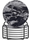 LIFVER Coasters Set of 6, Coasters for Drinks Absorbent Stone with Holder, Black Marble Style Ceramic Drink Coaster for Tabletop Protection, Coffee Table Decor Ideal for Home Decor House Warming Gifts